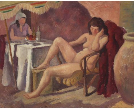 *Iain Macnab (1890-1967)A nude resting in a chair, with a woman seated at the table beside heroil on canvas81 x 100cm, unfram