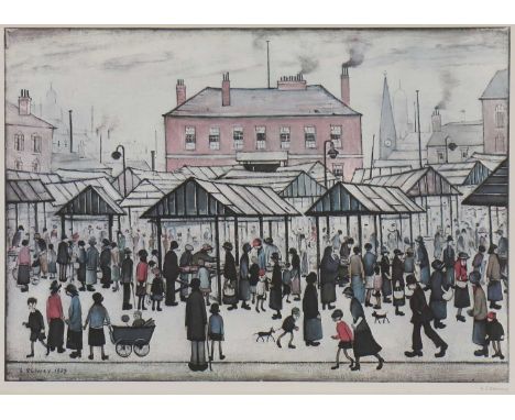 *Laurence Stephen Lowry RA (1887-1976)'Market Scene in a Northern Town’ offset lithograph in colours, signed 'L. S. Lowry' in