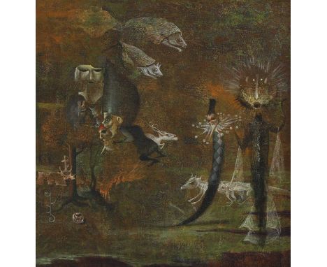 Circle of Leonora Carrington (1917-2011)Surrealist animals and jestersoil on canvas40 x 38.1cmCondition report: Appears to be