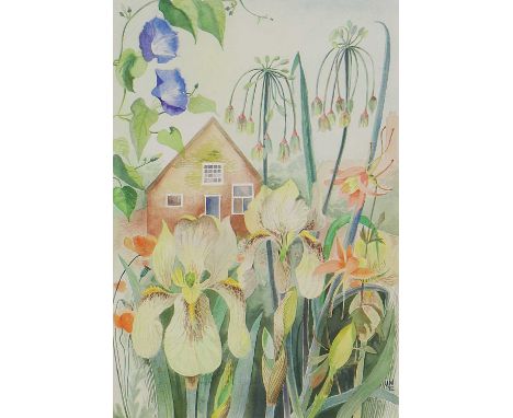 *Joan Warburton (1920-1996)Garden with irises, 1972signed with initials and dated 'JW/72' l.r., watercolour53.5 x 35.5cmProve