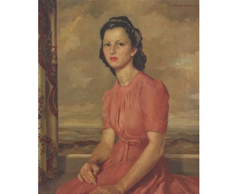 *Joyce Platt (20th century)Portrait of a young lady, seated three-quarter length in a pink dresssigned and dated 'Joyce Platt
