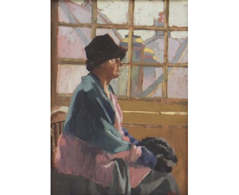 *Marjorie Lilly (1891-1980)Portrait of a woman seated against a window; verso A town view by a riversigned 'Lilly' l.r., oil 