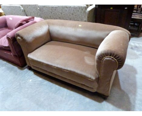 A 1930's drop-end chesterfield sofa upholstered in gold dralon. 60'' wide