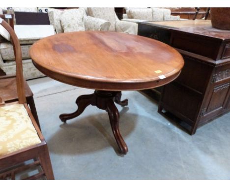 A Victorian snap-top supper table on turned column and tripod cabriole support. 42'' diameter