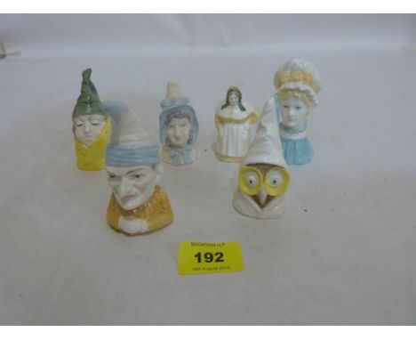A group of modern Royal Worcester candle snuffers, owl; French Cook; Mrs Caudle; Mr Caudle; Punch and Mob Cap