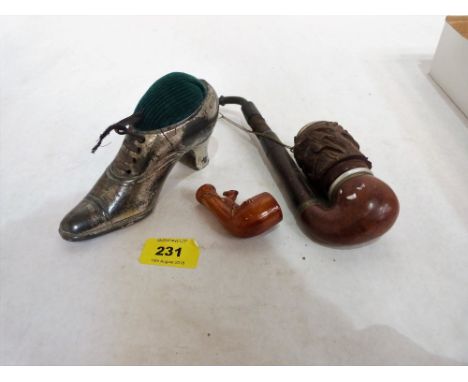 A hat pin, shoe pin cushion, a German cherry wood tobacco pipe and a ceramic pipe bowl
