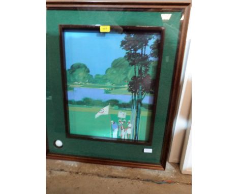 A golfing print, 'At the Pin'. The mount with inset golf ball, 20'' x 16''