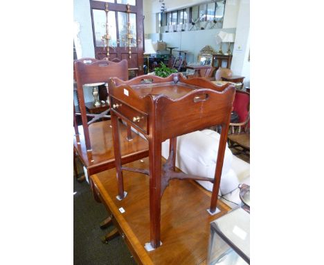 A pair of decorative reproduction mahogany lamp tables, of tall square form, each having single frieze drawers.