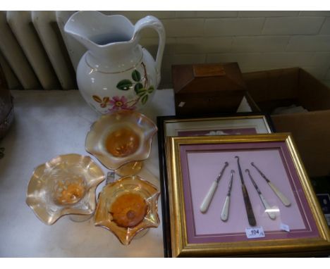 A mixed lot comprising a Victorian specimen shirt together with framed button hooks, framed manicure items, a small mahogany 