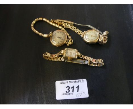 Three early/ mid 20th century ladies yellow metal manual wind watches, to base metal bracelets (3)