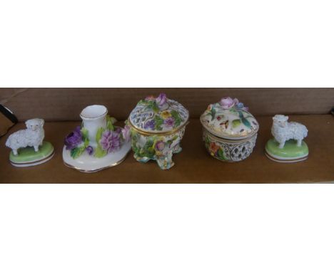 A mixed lot comprising two small Dresden model sheep with shredded clay detail, a small Coalport floral encrusted pot pourri 