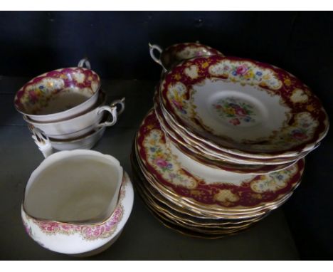 A quantity of Paragon Pompadour teaware together with six Rosenthal Iris plates, decorated with central portrait panels, vari
