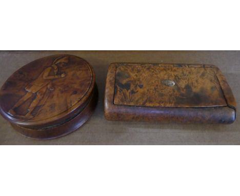 A mixed lot comprising a 19th Century burrwood snuff box of hinged rectangular form, together with a further circular box dec