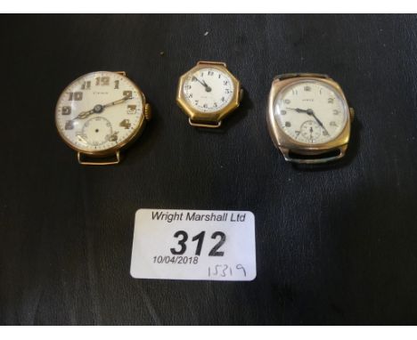Three early 20th century manual wind yellow metal wrist watches, straps deficient, AF (3)