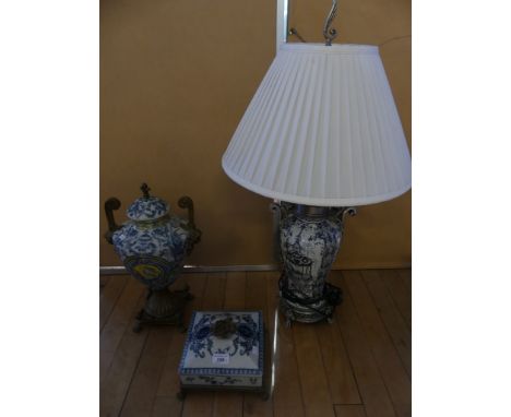 A modern ceramic and metal mounted table lamp (sold electrically untested), together with a further reproduction crackle glaz