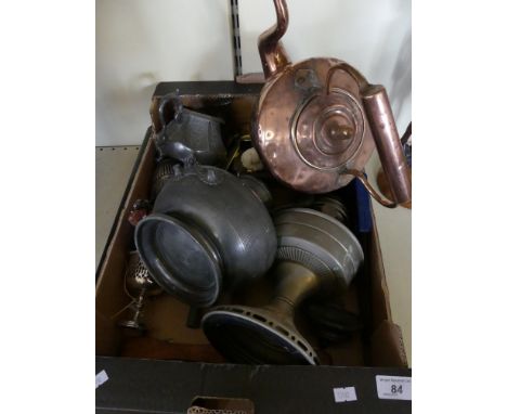 A mixed lot to include oil lamp, copper kettle, pewter spirit kettle, resin busts and other mixed items 