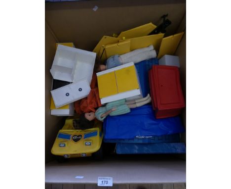 A quantity of Sindy doll items, including two Sindy dolls and a number of accessories including bathroom suite in yellow/oran