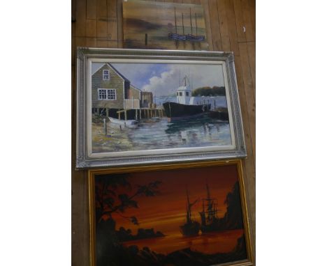 Flou R Nvzr oil on canvas study moored boat together with two further modern oil studies harbour scenes (3)