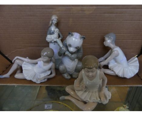 A collection of five Nao and other figures to include ballerinas and pandas (5) CONDITION REPORT: Panda broken rest of lot ap