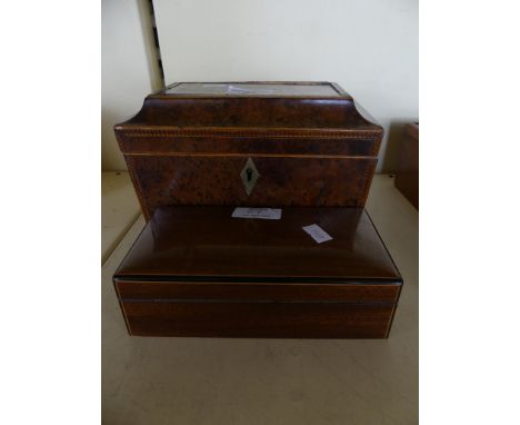 A small 19th Century tea caddy lacking interior fittings together with a contemporary cigarette box 