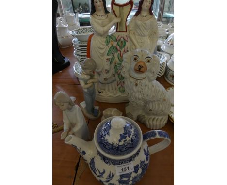 A mixed lot comprising a Staffordshire flatback figure group, a Staffordshire spaniel, small Lladro figurine, Nao figurine, a