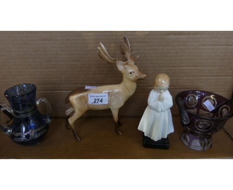 A mixed lot comprising a Beswick model stag, together with a Royal Doulton figurine 'Bedtime', a further overlaid modern art 