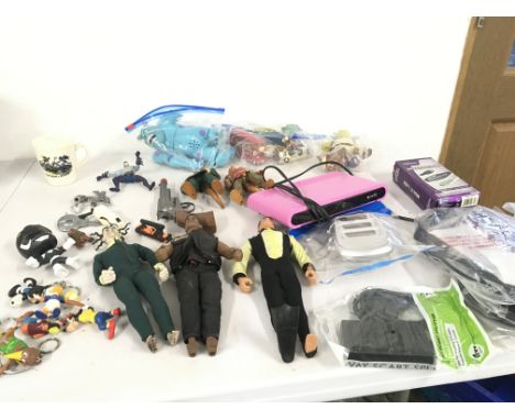 A collection of assorted toys..includes Action Man..Shrek.. vintage Batman mug..Disney key rings etc. selection of smart lead