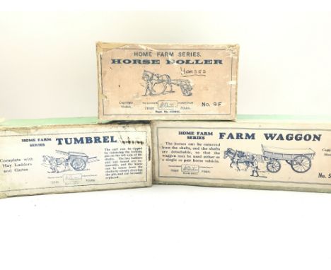3 Boxed Vintage Britains. A Tumbrel #4F. A Horse Roller #9F and a Farm Wagon #5F.