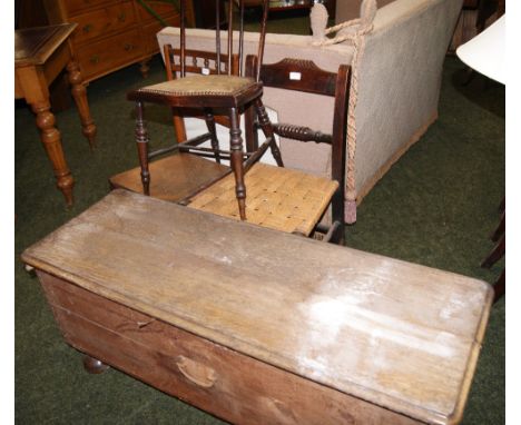 Blanket box, three chairs and a  firescreen