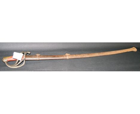 A mid-19th century French cavalry sabre, 1827 model with a three bar brass hilt and steel scabbard marks for Klingenthal arse