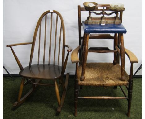 Stained beech spindle-back armchair, wooden stool, metal kitchen scales and an Ercol rocking armchair