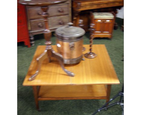 Mahogany tripod table, pair of oak barleytwist candlesticks, oak fold-over tea table and a copper coal bucket and contents