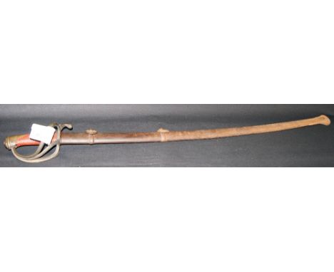 A mid-19th century French cavalry sabre, 1827 model with a three bar brass hilt and steel scabbard marks for Klingenthal arse