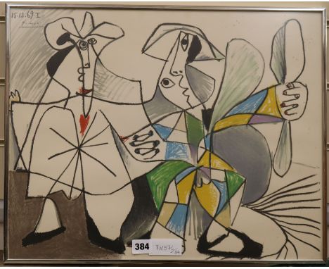 After Pablo Picasso, Two figures, coloured lithograph signed in the print and dated 15.12.69, No. I from 'Au Baiser d'Avignon