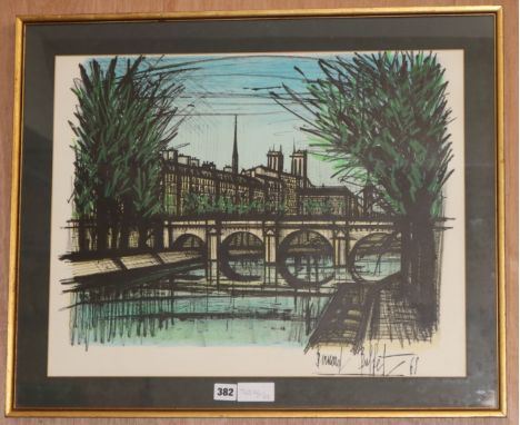 Bernard Buffet (French 1928-1999), 'On the Seine', with printed signature lower right, 'Bernard Buffet 68', colour lithograph