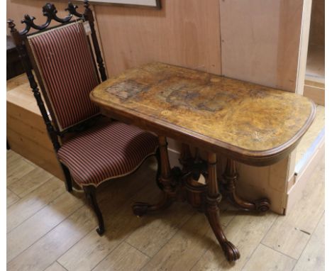 A Victorian marquetry inlaid walnut card table and a rosewood prie dieu chair Card table W.98cm