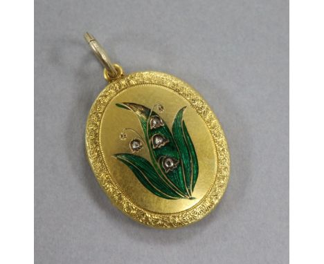 An early 20th century yellow metal, enamel and rose cut diamond set oval locket, 28mm.