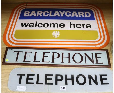 An enamel Barclaycard double sided sign and two glass telephone signs Barclaycard sign 50 x 76cm