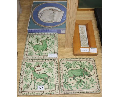 Three Alessi tiles, a framed tile and a Wedgwood plate