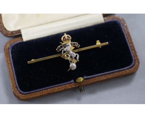 A cased 9ct gold and enamel Royal Electrical and Mechanical Engineers sweethearts brooch, 47mm.