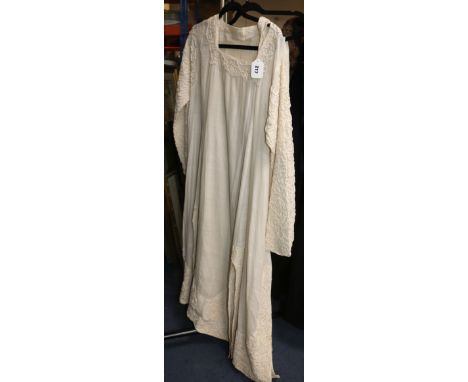 A cream cotton Summer dress, coat and a sari/shawl with fine applique edging, possibly a wedding dress
