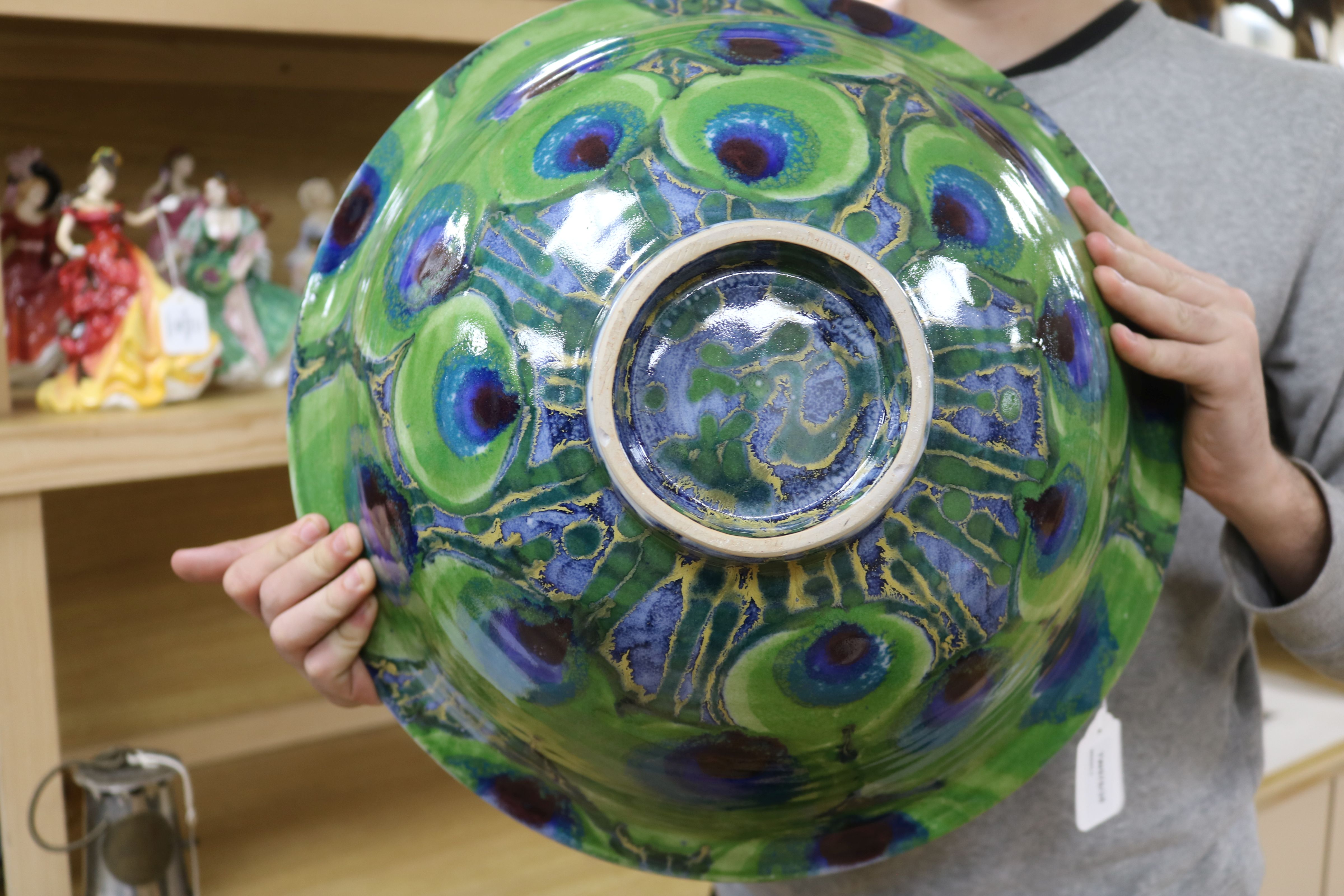 A Dartington Pottery 'Peacock' design large bowl by Janice Tchalenko