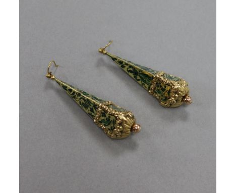 A pair of ornate 9ct gold and enamel tapering triangular drop earrings, (some enamel loss), 50mm.