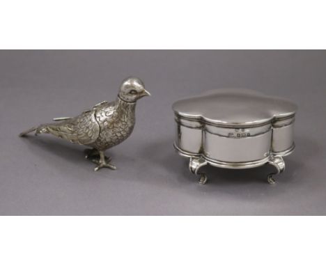 An early 20th century silver pheasant pepperette and a silver trinket box, pepperette 66mm.