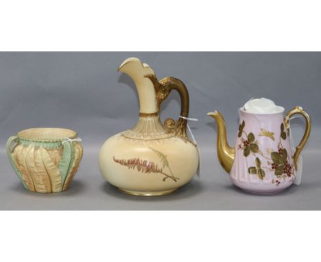 A Royal Worcester blush ivory jug and three-handled vase and a Limoges coffee pot, the jug of ewer form, decorated with ferns