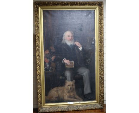 Late 19th century English School, oil on canvas, full length portrait of a seated gentleman with a terrier, 126 x 70cm