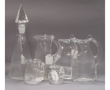 Steven Newell (b. 1948), six items of table glass, including a tapered square section decanter with 'pyramid' stopper, a tape