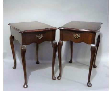 LAMP TABLES, a pair, George III design mahogany, each with a serpentine shaped top and single frieze drawer, raised on cabrio