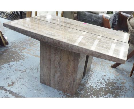 CONSOLE TABLES, a pair, marble, each with a rectangular top on a pedestal base, 140.5cm W x 74cm H x 46.5cm D. (2) 