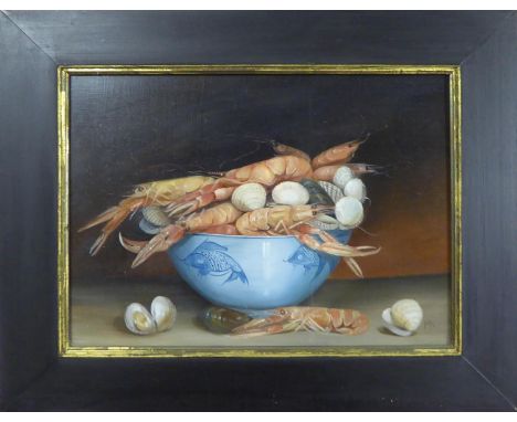 CONTEMPORARY SCHOOL 'Shrimps and Clams in a Ceramic Bowl', oil on board, monogrammed M.R. lower right, 30cm x 40cm, framed. 